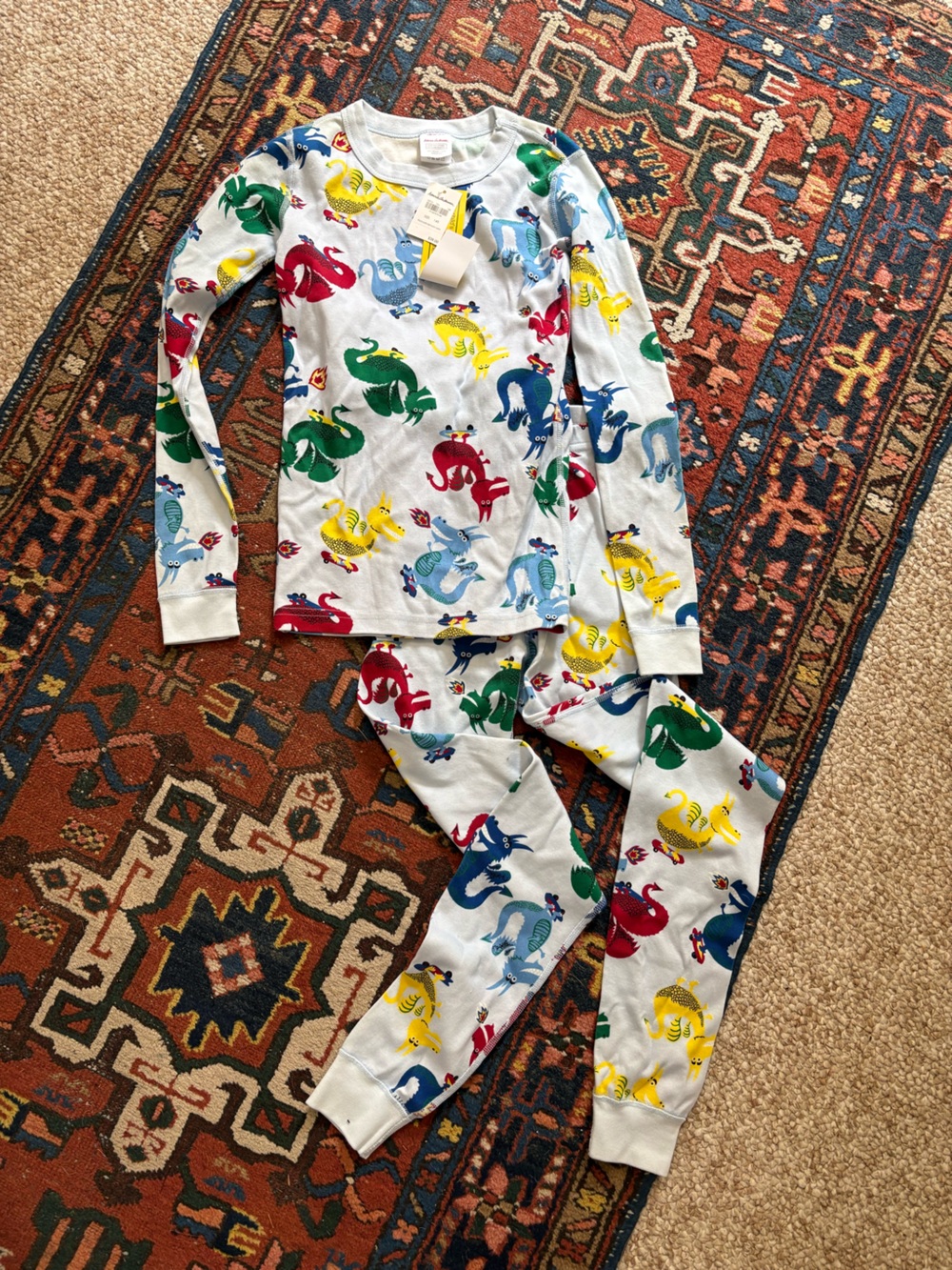 NWT Hanna Andersson White Pajama Set with Red Blue Green Yellow Dragons 12Y